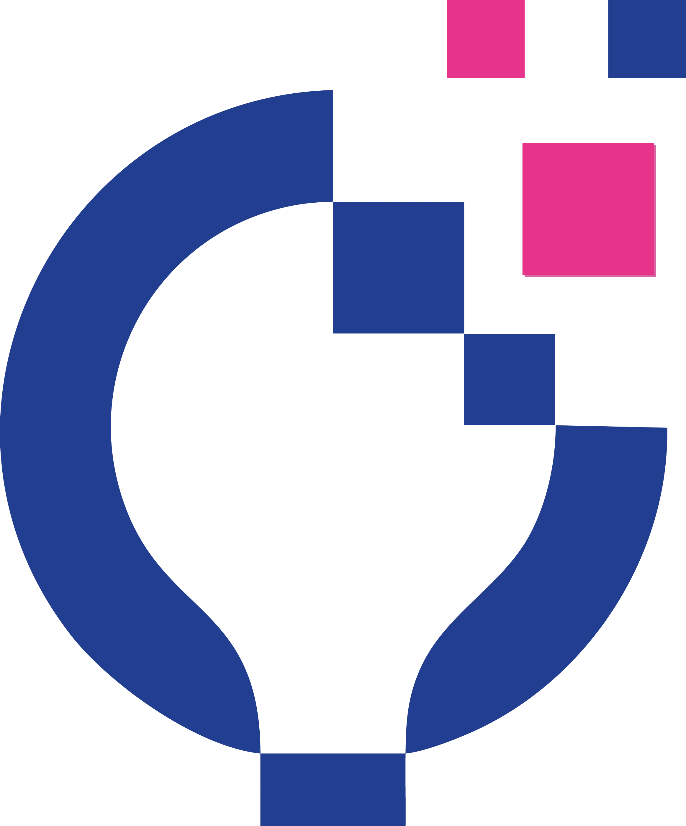 Abstract geometric logo featuring a blue curved shape with pink and dark blue rectangular elements